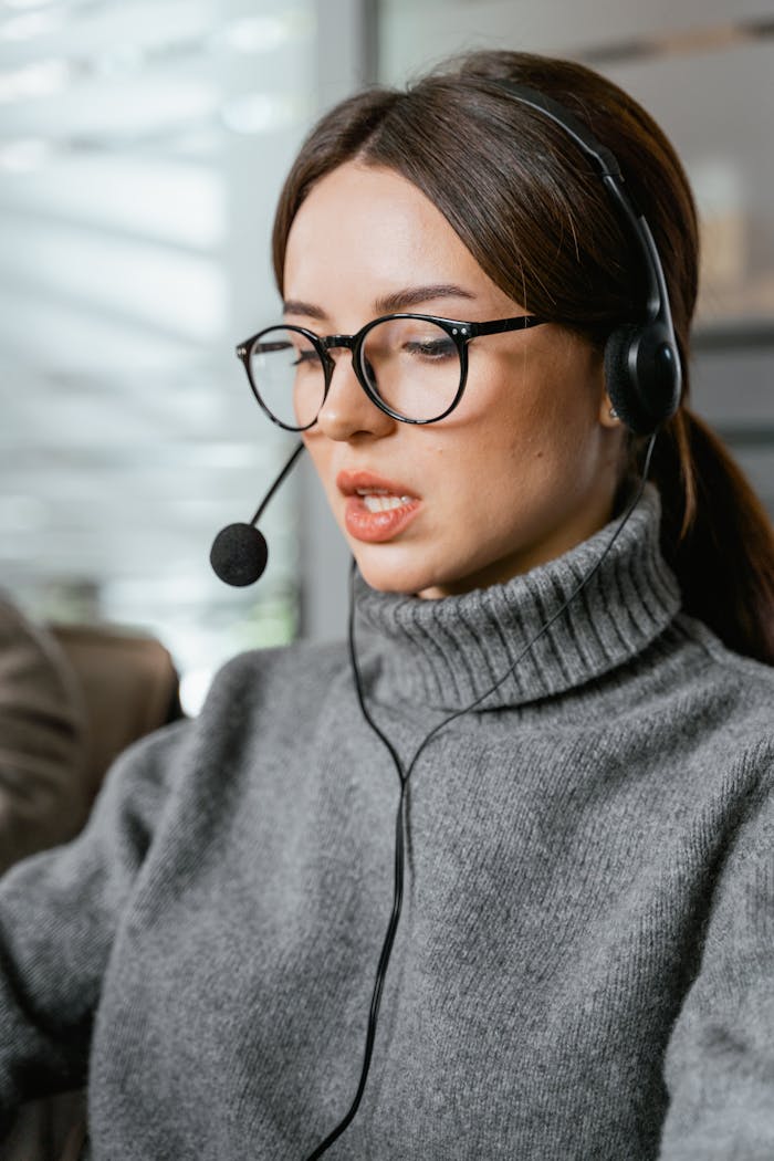 A female call center agent wearing a headset in an office setting, engaged in customer support tasks.